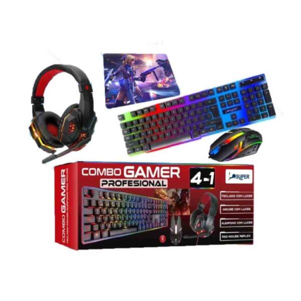 KIT GAMER PROFESIONAL SUPER 4 EN 1 TECLADO CON MOUSE, AUDÍFONO Y PAD MOUSE
