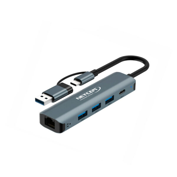 ADAPTADOR USB-C 2 EN 1 HUB USB & USBC 3.1 A 3 JACK USB 3.0 + 1 JACK RJ45 RED 10/100/1000Mbps + 1 PD- NETCOM
