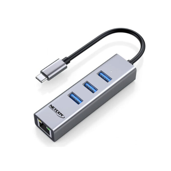 ADAPTADOR HUB USB-C A 3 JACK USB 3.0 +  1 JACK RJ45 RED 10/100/1000Mbps - NETCOM