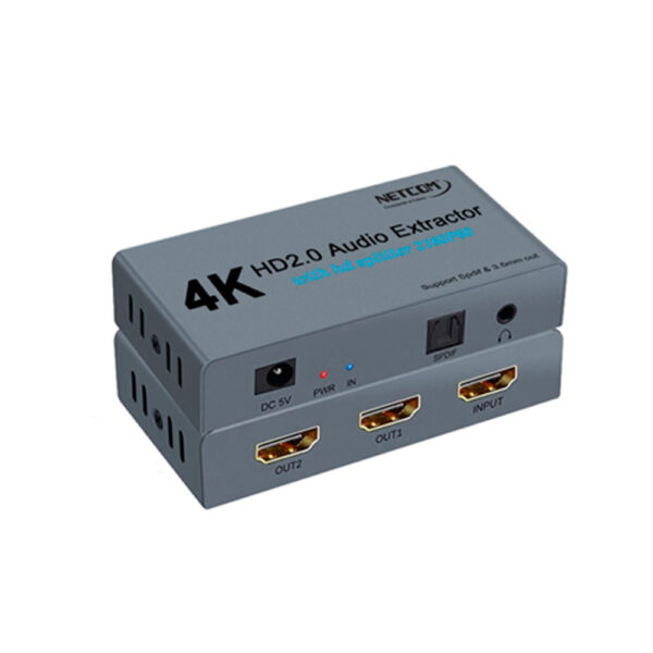 SPLITTER 1X2 HDMI V2.0 UHD 4K@60HZ Y EXTRACTOR DE AUDIO, SPDIF, 3,5mm, 2.0 CH und 5.1 CH ALUMINIO CASE- NETCOM