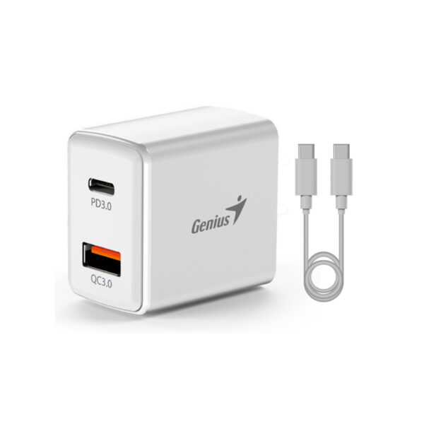 CARGADOR DE PARED GENIUS PD-20ACP 20W FAST CHARGE 1 USB-C 1 USB-A WHITE + CABLE GENIUS 3A USB-C A USB-C WHITE  (32590009400)